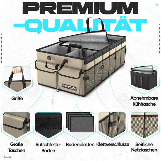 FORTEM Trunk Organizer with Cooler, Collapsible Multiple Compartments, Foldable SUV Storage for Car Accessories for Women, Non-Slip Bottom, Securing Straps, Cover (Beige)