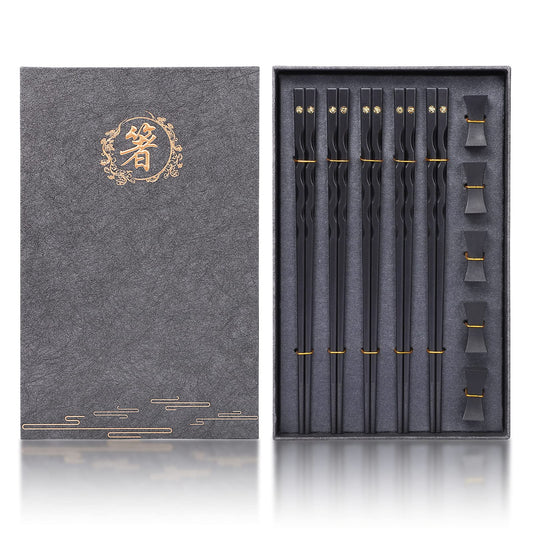 Youda Chopsticks Reusable Chinese Japanese Alloy Chopsticks with Holder, Dishwasher Safe, Premium Quality Chopsticks Gift Set (5 Pairs)