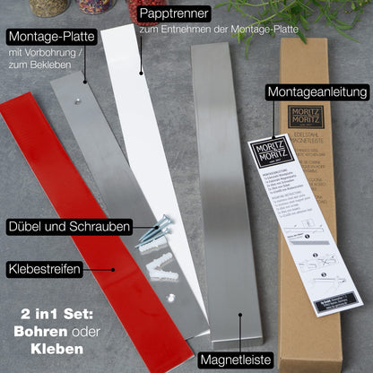 Moritz & Moritz 40cm Self-adhesive Knife Magnetic Strip - Knife Magnetic Strip for Gluing or Drilling - Magnetic Knife Holder made of Stainless Steel - Knife Magnetic Rail for Kitchen Tools and Utensils
