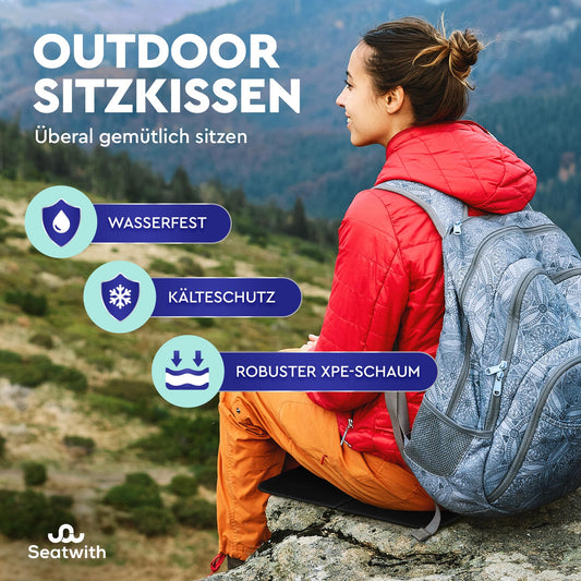 4-piece set of outdoor seat mats/foldable insulated seat cushions with carrying bag and carabiner clips for easy attachment to backpack maximum protection against cold, wetness & dirt + outdoor E-Book