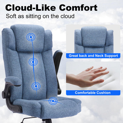 LIYURUI office chair with 150KG capacity, ergonomic design, adjustable headrest, fabric upholstery, swivel wheels, flip-up armrests, and 110° tilt function.