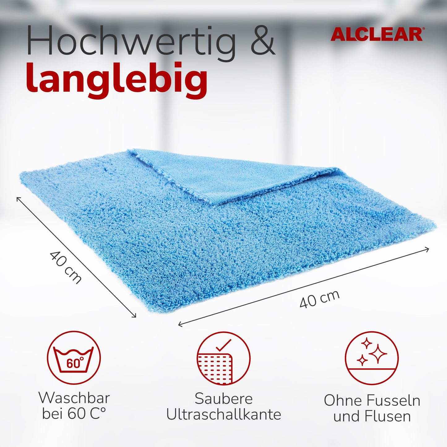 ALCLEAR 820203K_3 microfiber cloths 3-pack 40x40 cm - for high gloss kitchen, furniture fronts, varnish, plastic, glass, lint-free, streak-free, ultrasonically cut, can be used damp, washable 60° C