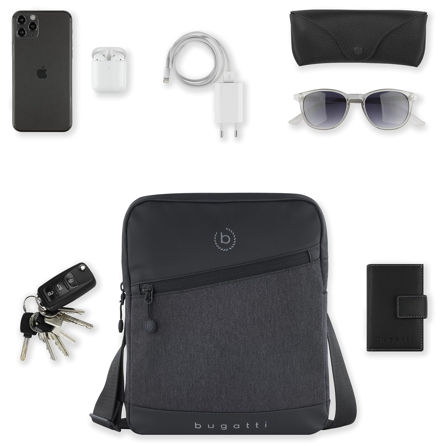 Bugatti's Universe men's shoulder bag with tablet compartment, small black shoulder bag.