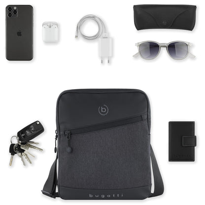 Bugatti's Universe men's shoulder bag with tablet compartment, small black shoulder bag.