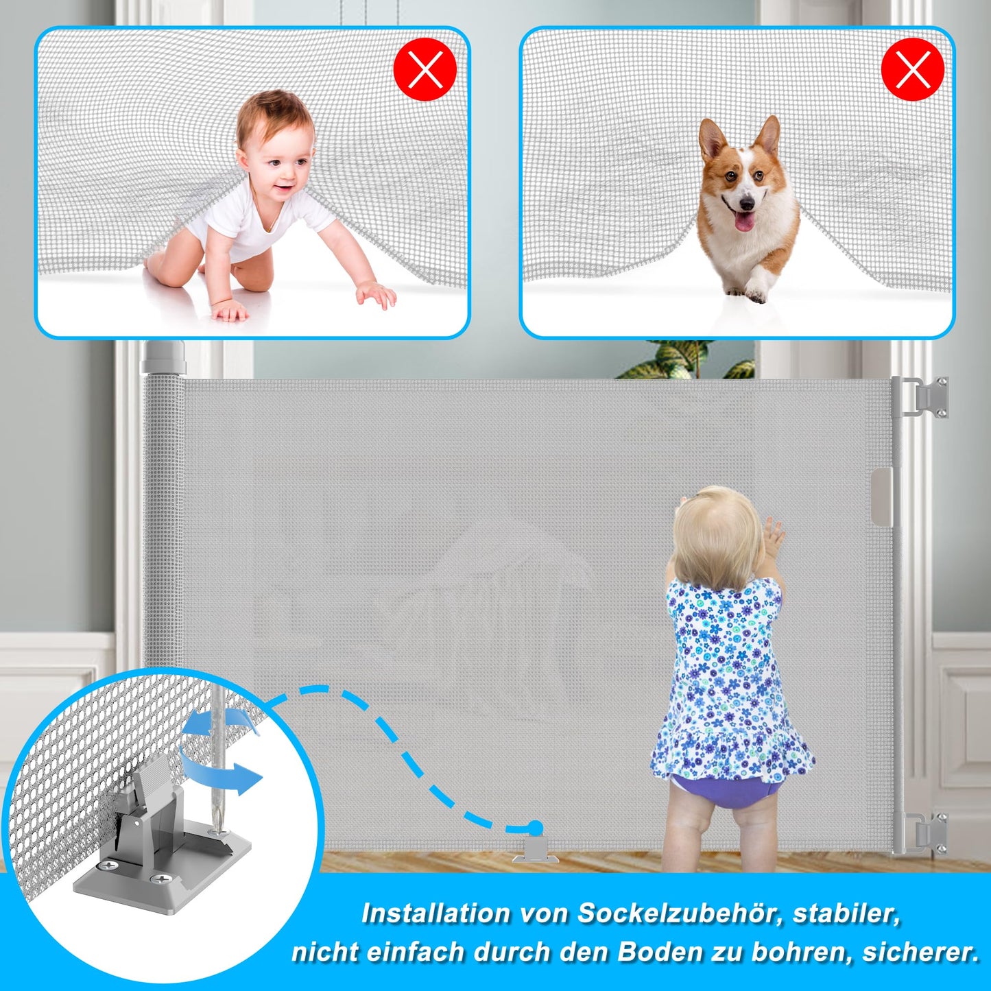 VA-Cerulean Stair Gate Door Gate Retractable for Kids and Baby, 300 cm Lockable Dog Gate Barrier, Stair Gate Pet Barrier, Gray