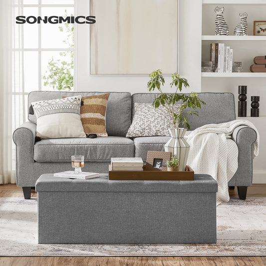 SONGMICS Storage Ottoman, Folding Bench, 38 x 110 x 38 cm Footrest, Storage Box, holds up to 300 kg, for Living Room Bedroom Hallway, Grey LSF77G