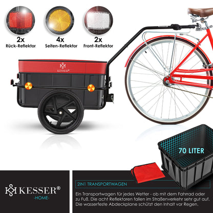 KESSER® Bike trailer, cargo trailer, hand cart with coupling, high drawbar, for transporting bikes. Transport box with 70 liters volume, max. 60kg, + accessories for bikes with 26-28 inches, red.