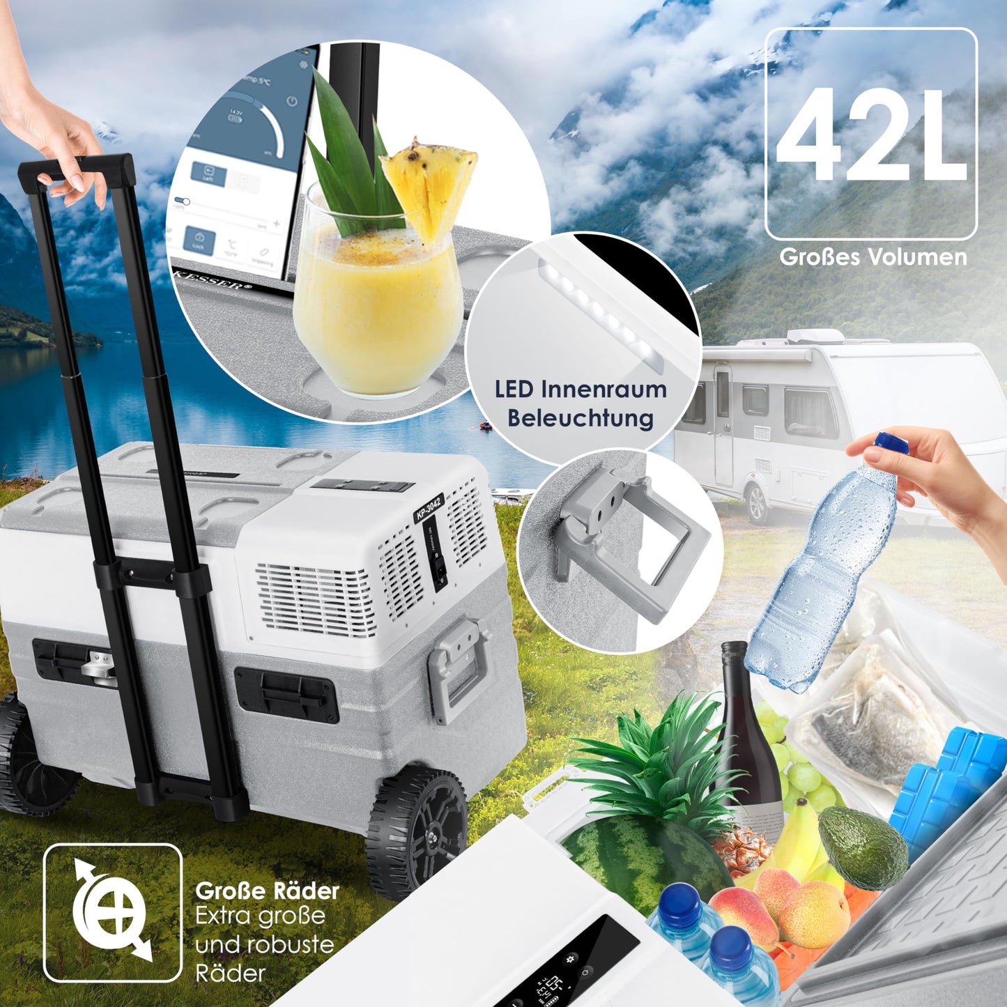 KESSER® compressor cooler box electric freezer box, 42 liters with app control USB port 12/24 V 230V, +telescopic handle, 2x cooler box wheels refrigerator cooling up to -20 °C for car, truck, boat + cooler pack