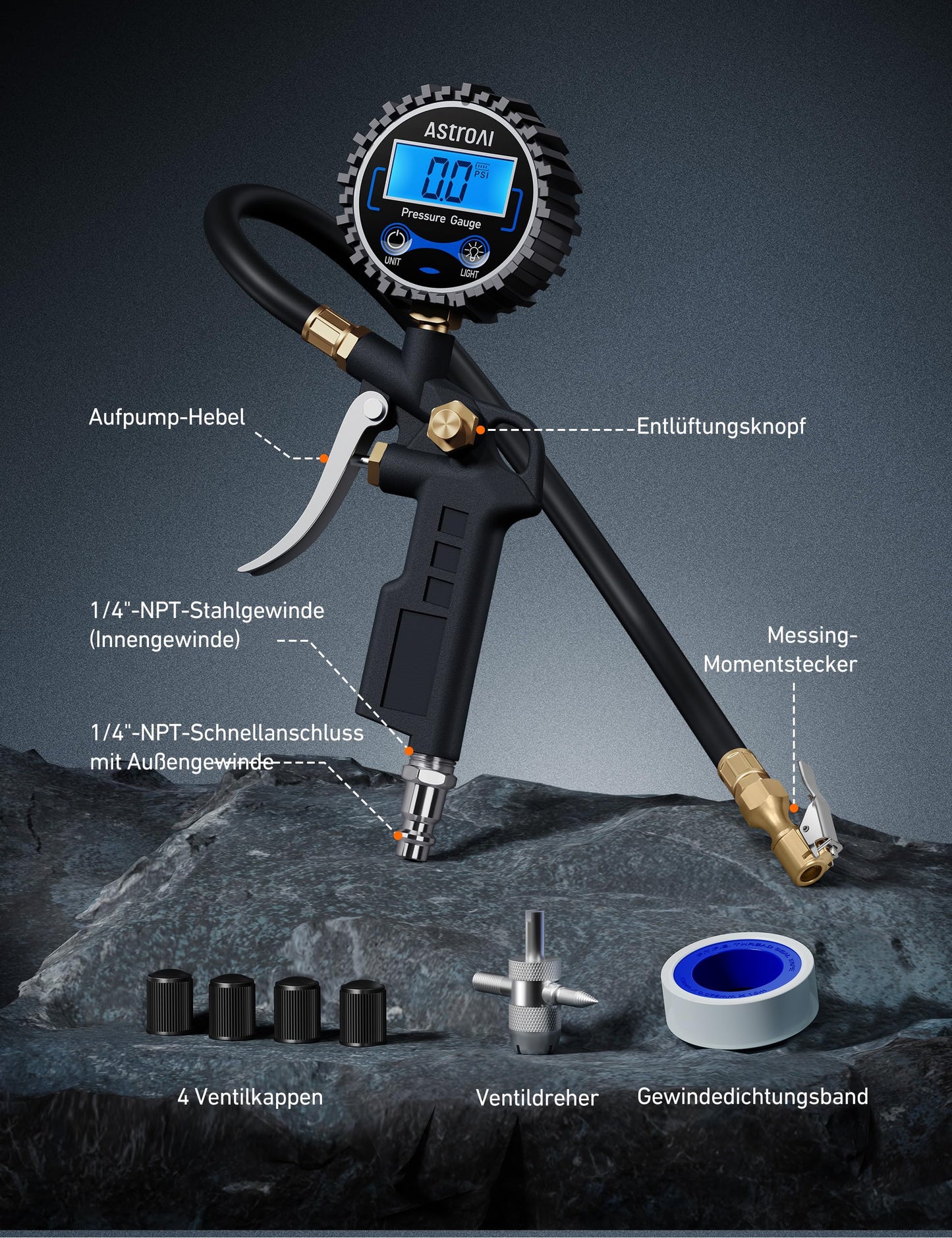 AstroAI Digital Tire Inflator with Gauge, 250 PSI, Air Chuck and Compressor Accessories, Durable, with Rubber Hose and Quick Connect Coupler for 0.1 Screen Resolution