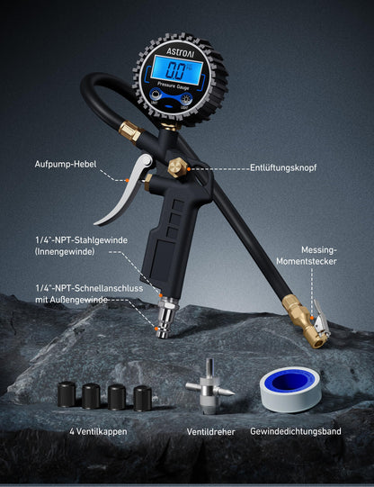 AstroAI Digital Tire Inflator with Gauge, 250 PSI, Air Chuck and Compressor Accessories, Durable, with Rubber Hose and Quick Connect Coupler for 0.1 Screen Resolution