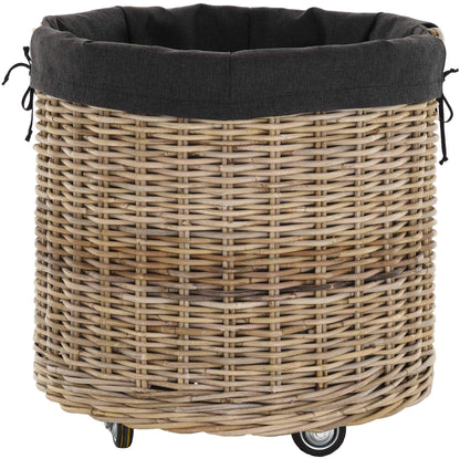 Large wheeled trolley with handles/wooden cart with wheels made of gray natural rattan/storage wood cart wheels fireplace wood basket fireplace utility basket with liner (round)
