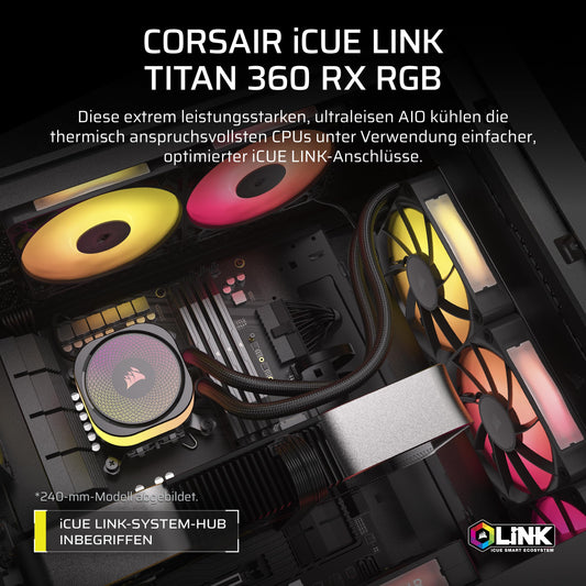 CORSAIR iCUE LINK TITAN 360 RX RGB Liquid CPU Cooler - 360mm AIO - 3x RX120 RGB Fans Included - Compatible with Intel LGA 1851/1700, AMD AM5/AM4 - Includes iCUE LINK System Hub - Black