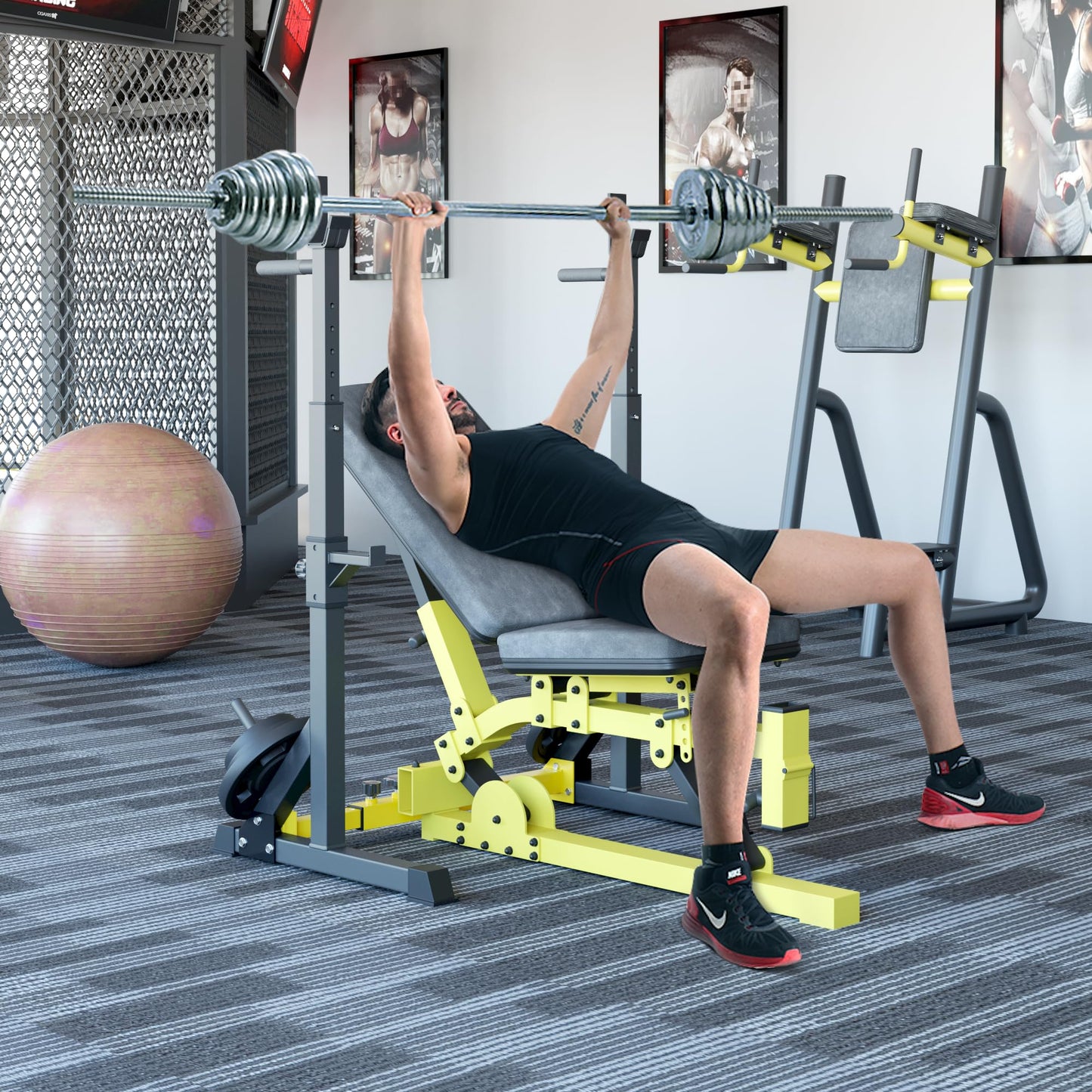 LIFERUN Squat Rack barbell stand, squat stand, adjustable barbell rack height adjustable, multifunctional barbell rack for gym home weightlifting bench press up to 250 kg (Yellow)