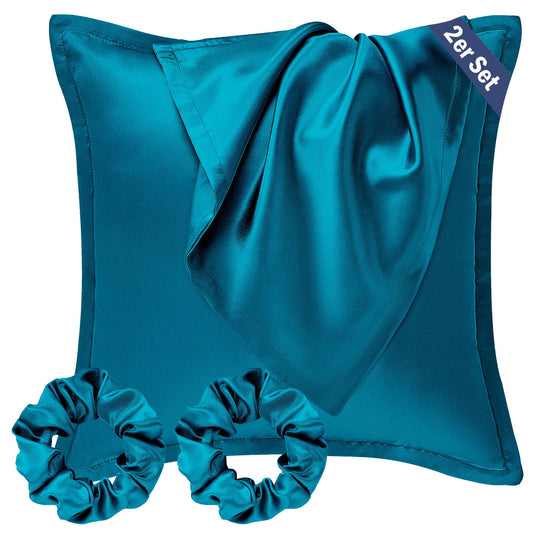 Be well satin pillowcase 65x65 2 pack, as soft as silk pillowcase, vegan silk pillowcase cover for hair and skin with 2 hair ties, blue-green.