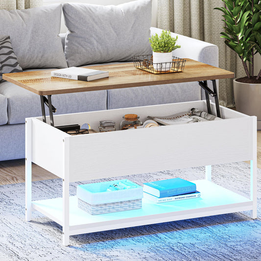 YITAHOME coffee table with adjustable height top, extendable hidden storage, side table for living room, office, with power strip and LED light strip.