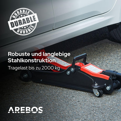 Arebos 2T Hydraulic Trolley Jack - Low-profile jack with lifting range of 85-385 mm - includes 4 rubber pads - jack for car vehicle automotive - sturdy jack & stand for workshop and garage.