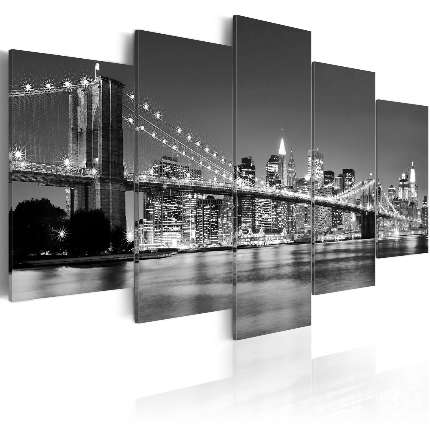 murando - Wall art XXL New York City 100x50 cm 5 pcs wall decor canvas pictures large wall decoration living room picture bedroom art prints - Skyline Brooklyn Bridge City Night Manhattan Grey 030211-51