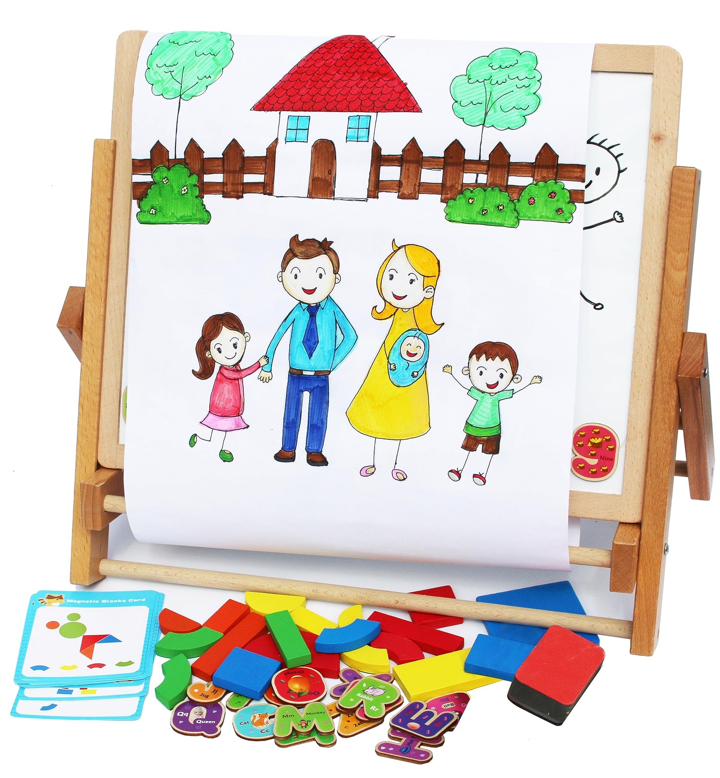 Wooden easel chalkboard magnetic board for children - with magnetic shapes letters numbers pen and paper roll - storage bag included - foldable and easy to store.