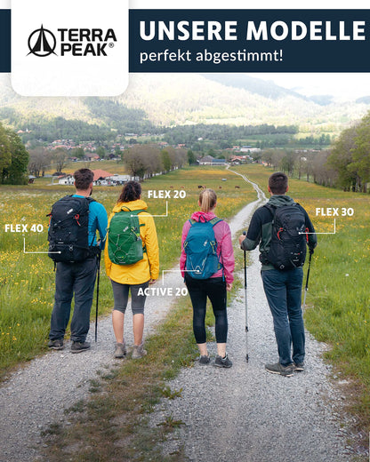 Terra Peak hiking backpack 20L for men and women in green - small and waterproof, perfect for trekking, biking, and outdoor sports. Includes hydration system and hip belt for travel and hiking adventures.