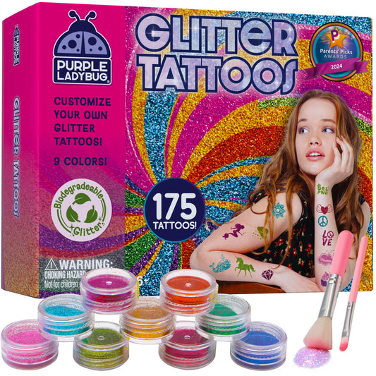 Purple Ladybug Glitter Tattoo Set for Kids - Gifts for Girls - Temporary Tattoos for Children - Gift for Girls Age 6-12 - Child-Friendly Tattoos - Gifts for Kids 8-10 years old