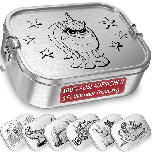 TAKWAY Stainless Steel Lunch Box for Kids with Compartments 800ml | Leakproof | Bento Box with Adjustable Dividers | Snack Box for Preschool Kindergarten School (Unicorn, 3 Compartments)