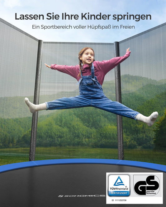 SONGMICS Trampoline Outdoor Ø 183 cm, garden trampoline for kids with safety net, padding, ladder, 180 cm high straight poles, steel frame, black-blue STR061Q01