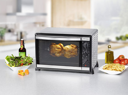 ROMMELSBACHER Back & Grill Oven BG 1805/E - 42 liter capacity, 7 heating modes, convection, rotisserie, temperature range of 80-230 °C, double glazed door, interior lighting, timer, 1800 W, stainless steel.