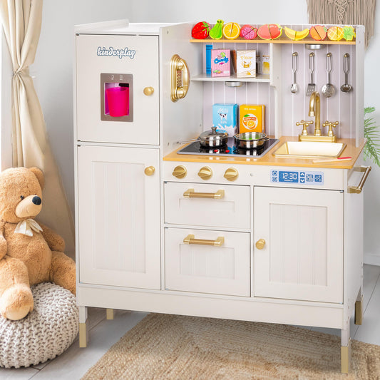 Children's Play Green Series wooden kitchen - Adjustable height play kitchen 89-103 cm - LED light & cooking sounds - With accessories, water dispenser, oven - For children aged 3 years and above