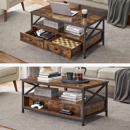 VASAGLE Coffee Table, Living Room Table, Sofa Table, for Living Room, with Drawers, X-Shaped Supports, Open Shelf, Industrial Design, Vintage Brown-Black LCT201B01