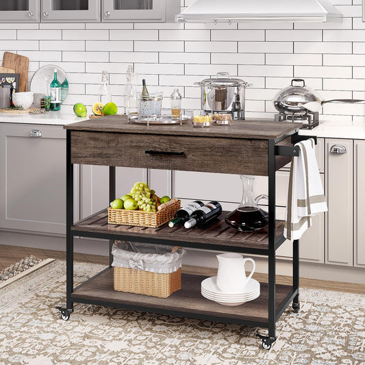 Yaheetech Serving Cart with Drawer Kitchen Trolley with 2 Shelves Rolling Cart Kitchen Trolley with 4 Wheels Kitchen Shelf Movable Kitchen Islands Side Table 109.5 x 51 x 92 cm, Taupe.