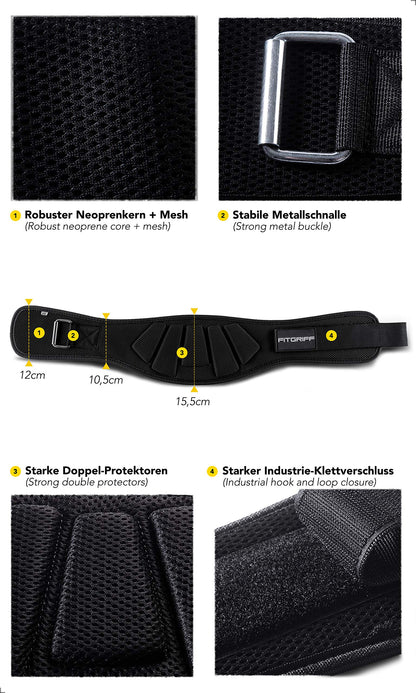 FITGRIFF® Weight Lifting Belt V1 - Fitness belt for bodybuilding, strength training, weightlifting - Training belt for women and men (Black, 81cm - 88cm waist size (Medium))