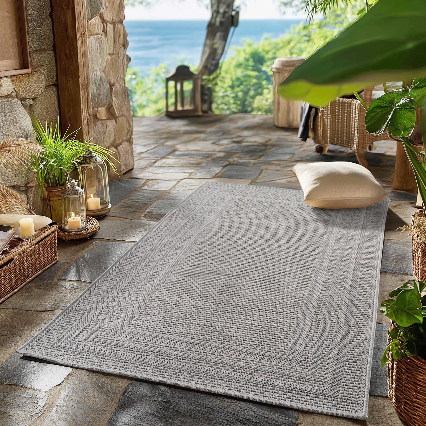 SIMPEX Outdoor Rug Weatherproof Grey 200x290 cm, UV-resistant, perfect for kitchen, balcony, terrace, garden, living room, dining room, Solid design with border, Easy to care for