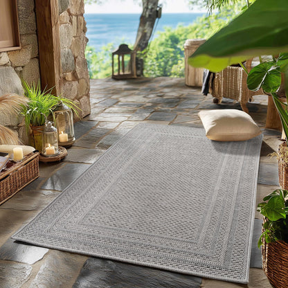 SIMPEX Outdoor Rug Weatherproof Grey 200x290 cm, UV-resistant, perfect for kitchen, balcony, terrace, garden, living room, dining room, Solid design with border, Easy to care for