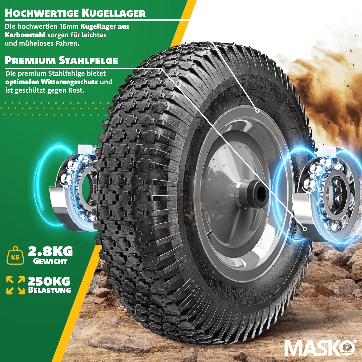 MASKO® wheelbarrow wheel pneumatic tire 250kg replacement wheel air-filled wheelbarrow garden cart 40cm/15.6" extra-wide 9.5cm air wheel puncture-proof tire with steel rim & gloves carbon steel ball bearing