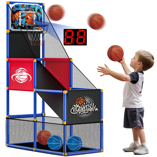 SKERITO Basketball Game Set, including 4 balls and hoops for kids aged 3-12. Ideal for indoor and outdoor sports, easy to set up, with included air pump.