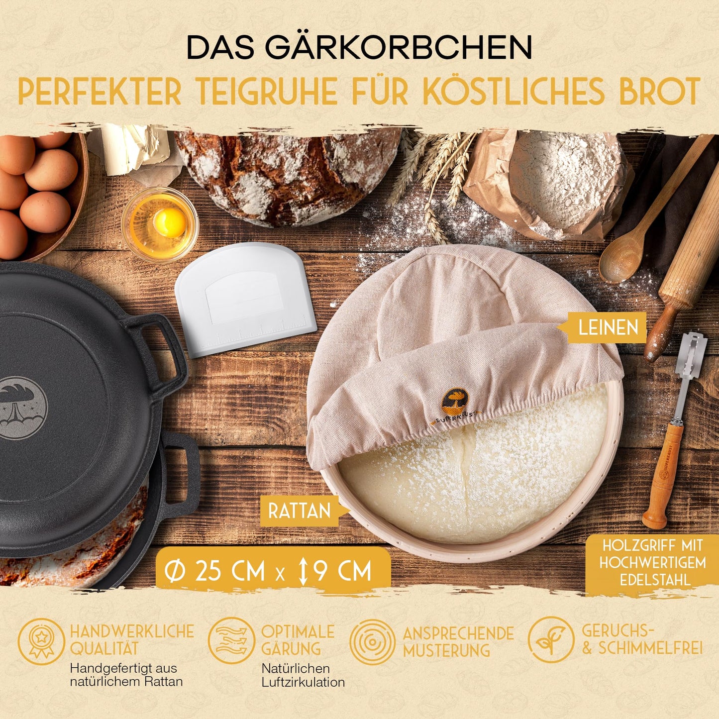SUPERKRUST Cast Iron Pot Bread Baking including proofing basket, baker's knife & dough scraper - bread baking form with lid 26cm - Ideal bread pot, cast iron pot bread baking, bread baking accessory, bread form.
