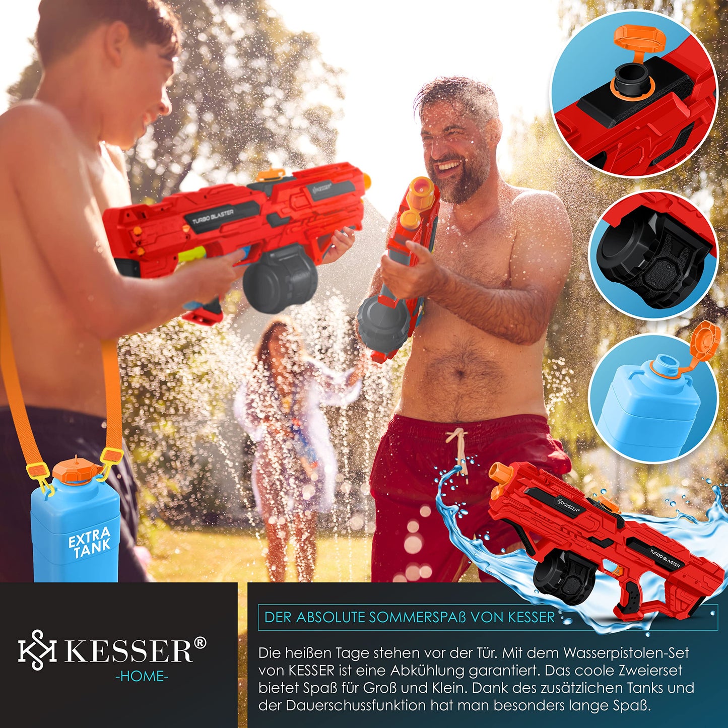 KESSER® Electric Water Gun with Battery, 1000 ml Large Water Blaster for Kids and Adults, 8m Range, Water Toy with Battery, Charging Cable & Extra Tank Red/Black