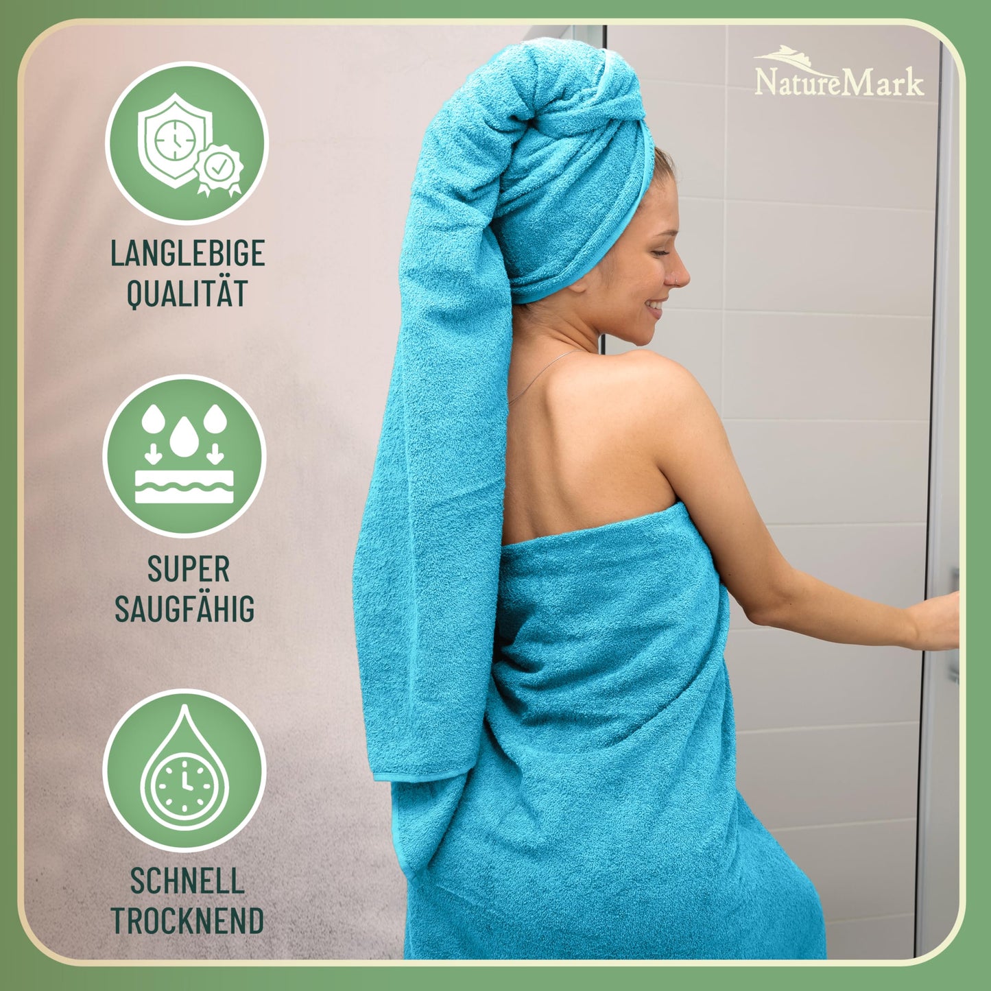 GREEN MARK 10-piece terry towel set with various sizes: 4 hand towels, 2 bath towels, 2 guest towels, 2 washcloths. Color: Turquoise. Premium quality.