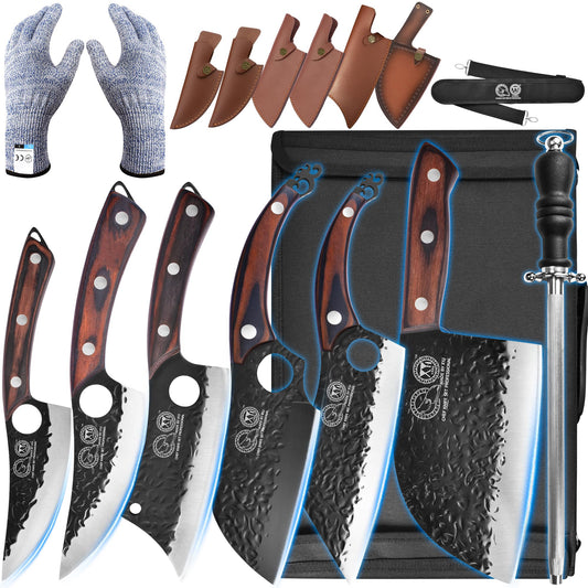 XYJ Full Tang Camping Knife Set Chinese Butcher Knife Vegetable Cook Knife Slicing Boning Knife with Leather Knife Handles & Roll Bag and Kitchen Tools Gifts for Women Men Gifts