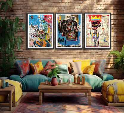 3 pieces Jean-Michel Basquiat modern street graffiti wall art abstract poster print wall decoration artist blue print canvas painting for living room bedroom bathroom office home decorations