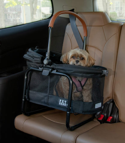 Pet Gear View 360 Pet Carrier & Car Seat with booster seat frame for small dogs & cats, mesh ventilation, snap-on operation, no tools required.