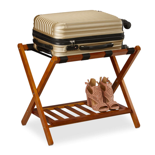 Relaxdays folding luggage rack, suitcase stool wood, H x W x D 54.5 x 66 x 44.5 cm, 2 shelves, suitcase storage hotel, natural 10029975_126