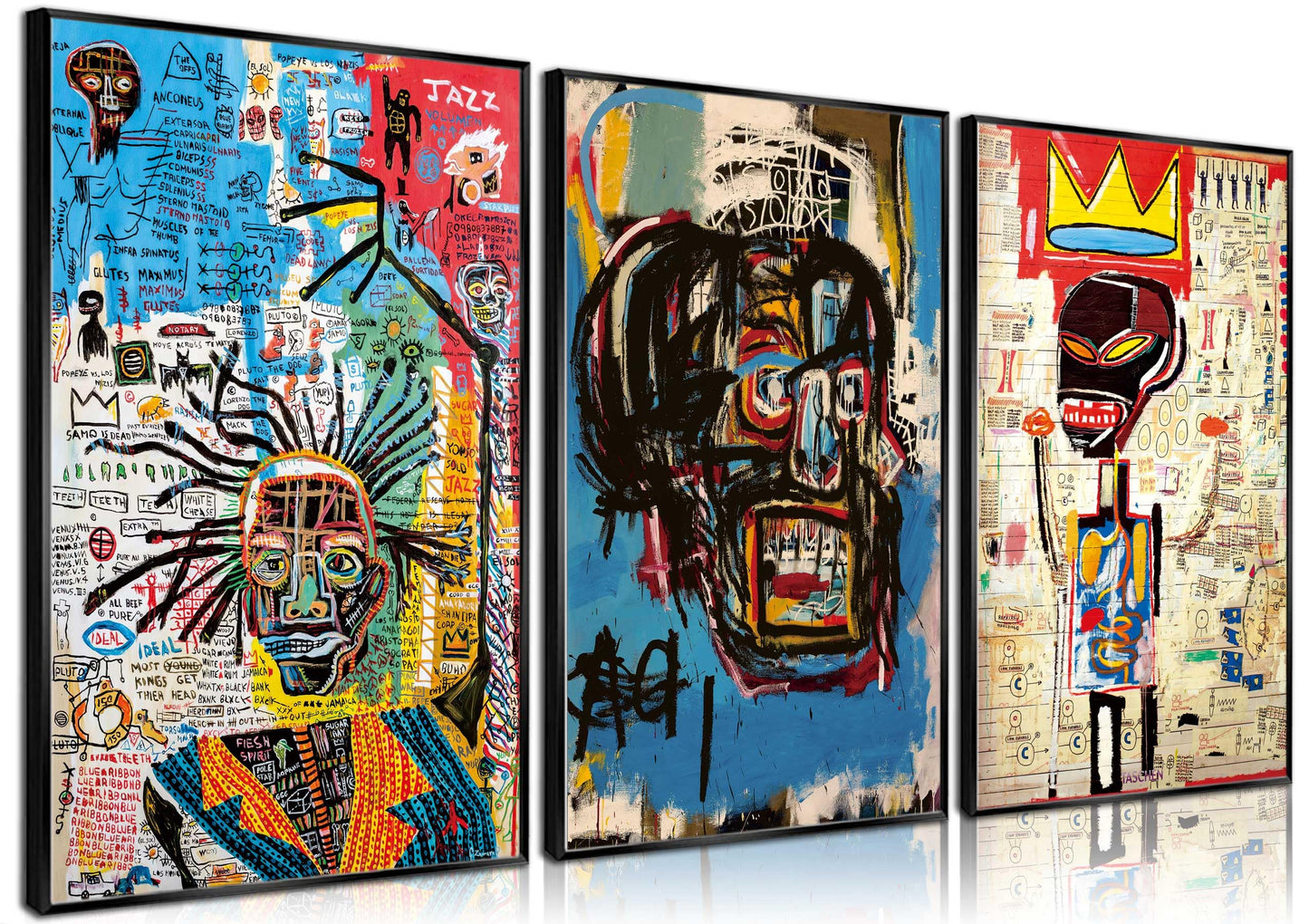 3 pieces Jean-Michel Basquiat modern street graffiti wall art abstract poster print wall decoration artist blue print canvas painting for living room bedroom bathroom office home decorations