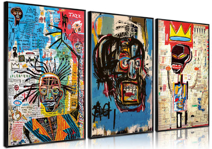 3 pieces Jean-Michel Basquiat modern street graffiti wall art abstract poster print wall decoration artist blue print canvas painting for living room bedroom bathroom office home decorations