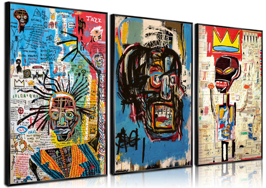 3 pieces Jean-Michel Basquiat modern street graffiti wall art abstract poster print wall decoration artist blue print canvas painting for living room bedroom bathroom office home decorations
