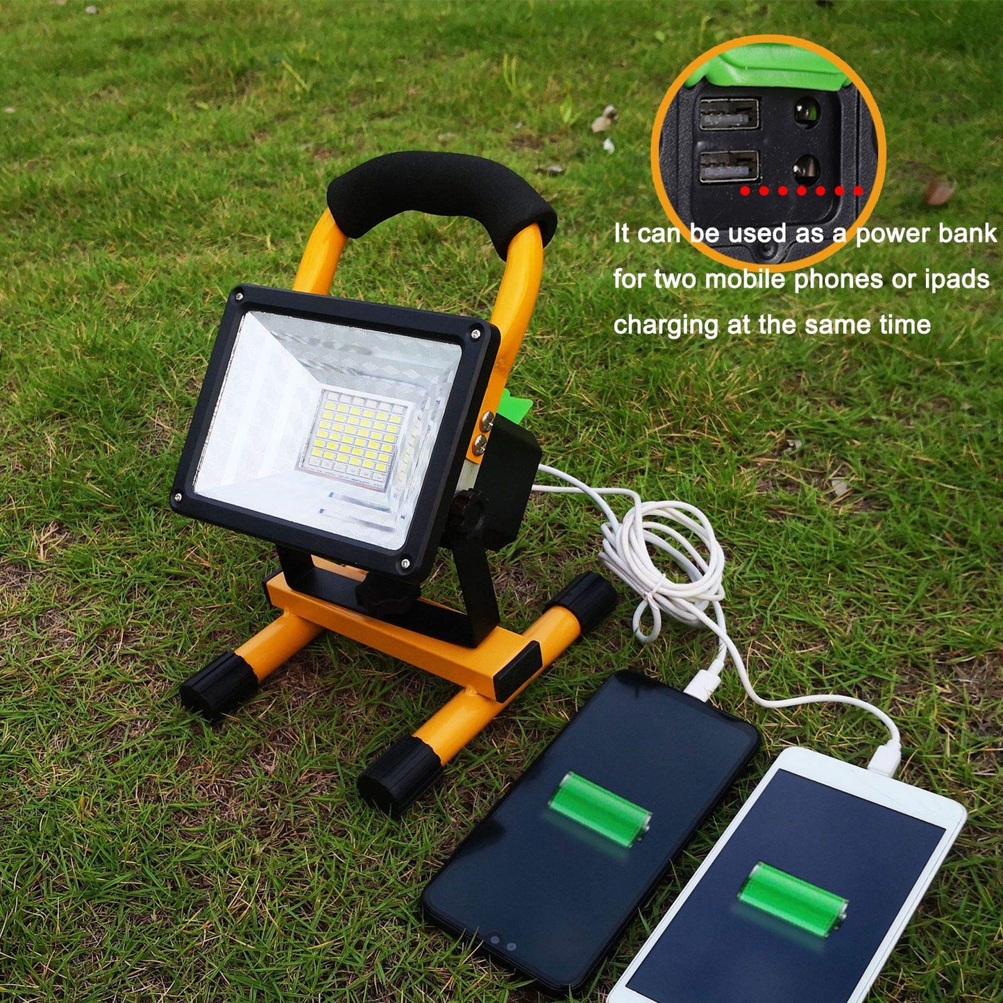 30W LED work light with battery, 48 LED portable floodlight with removable base, IP65 waterproof spotlight, 6000K daylight white for camping, fishing, research trip, car repair.