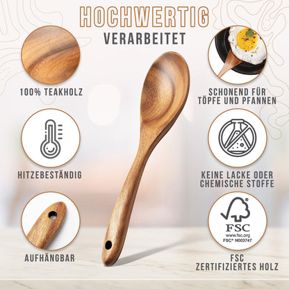 TROSTER® Kitchen Utensil Set Wood - 100% FSC - Wooden spatula, wooden spoon, wooden soup ladle, wooden skimmer - Wooden kitchen helper set - Wooden cooking utensil set - Wooden cooking utensils set