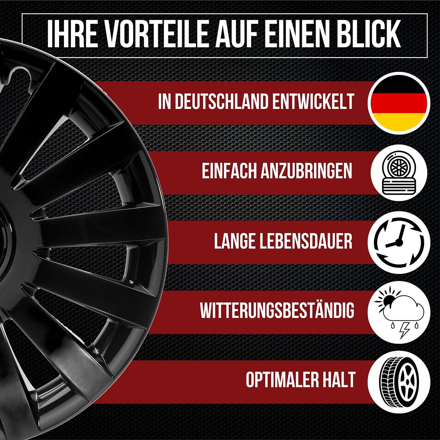 Albrecht 13 inch wheel covers in black for steel rims - Wind hubcaps made of high-quality plastic - Durable wheel covers in original Albrecht packaging - Made in EU