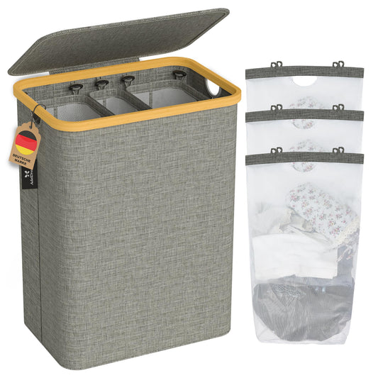 AdelDream 160L laundry basket with lid 3 compartments laundry hamper narrow laundry sorter laundry box laundry bin with lid laundry chest laundry baskets 160L Gray