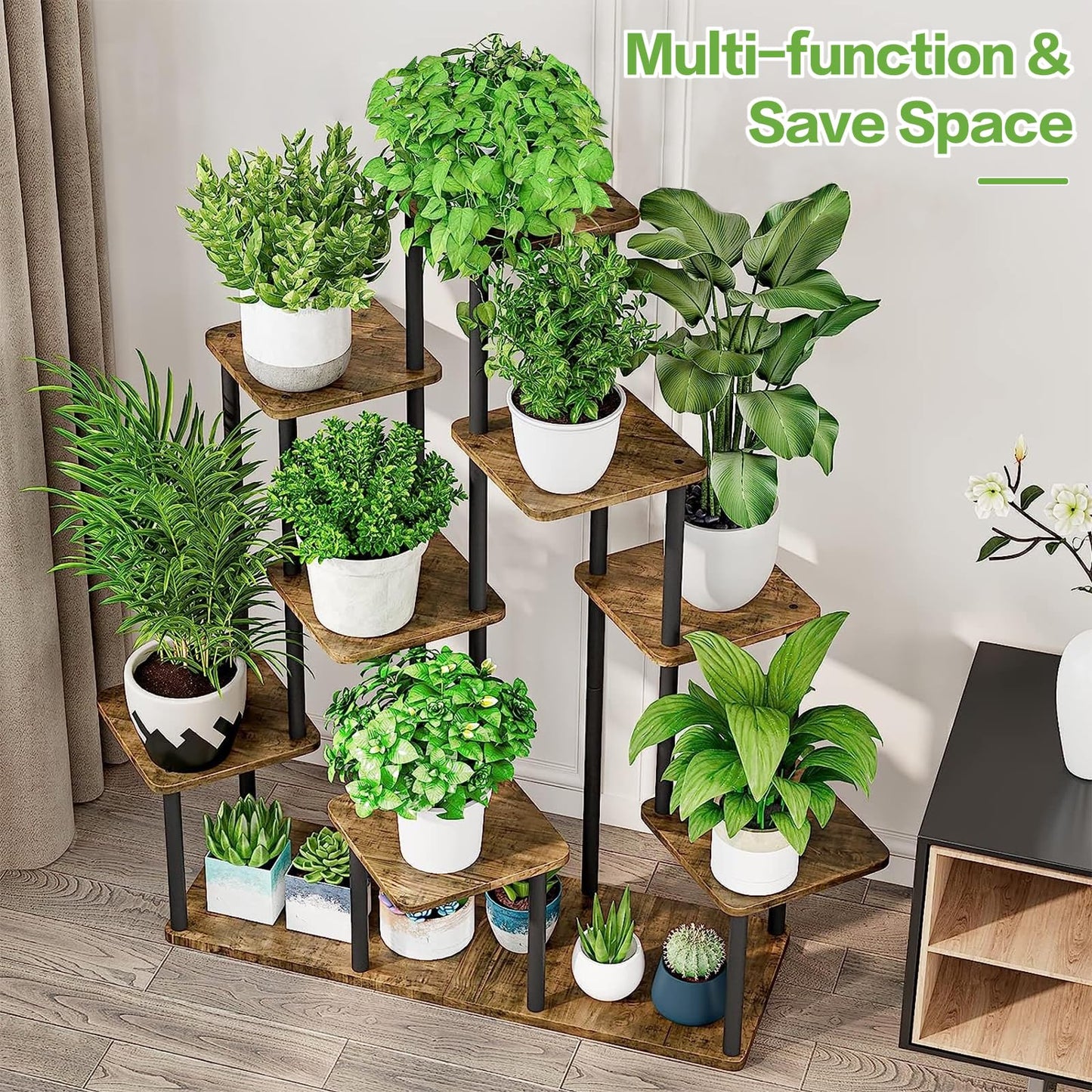 YOCOMEY 9-Tier Wooden Flower Rack Plant Stand, Multi-layered Flower Shelf Plant Holder Flower Bench Flower Stair Plant Stand for Indoor Garden Balcony Decoration (Black)